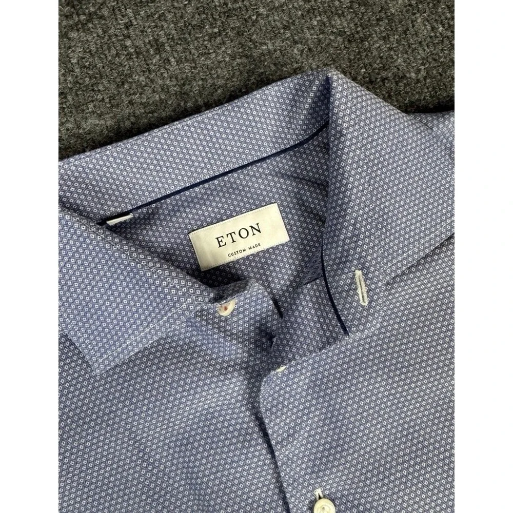 Eton Custom Made Mens Blue Geometric Diamond French Cuff Dress Shirt 16 22.5x30